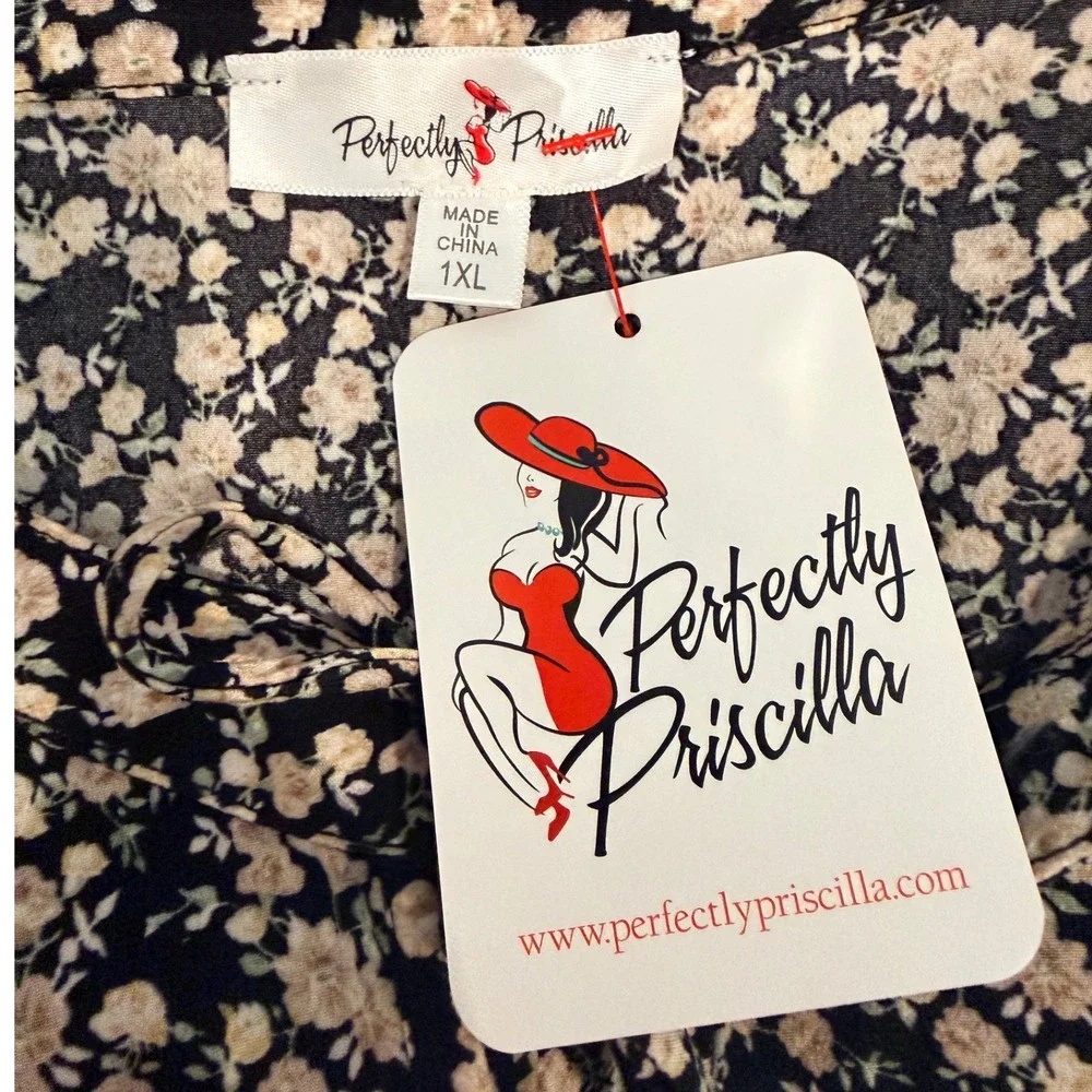 Perfectly Priscilla Black Cream Floral Smocked‎ Mini Dress Cottagecore 1XL NEW